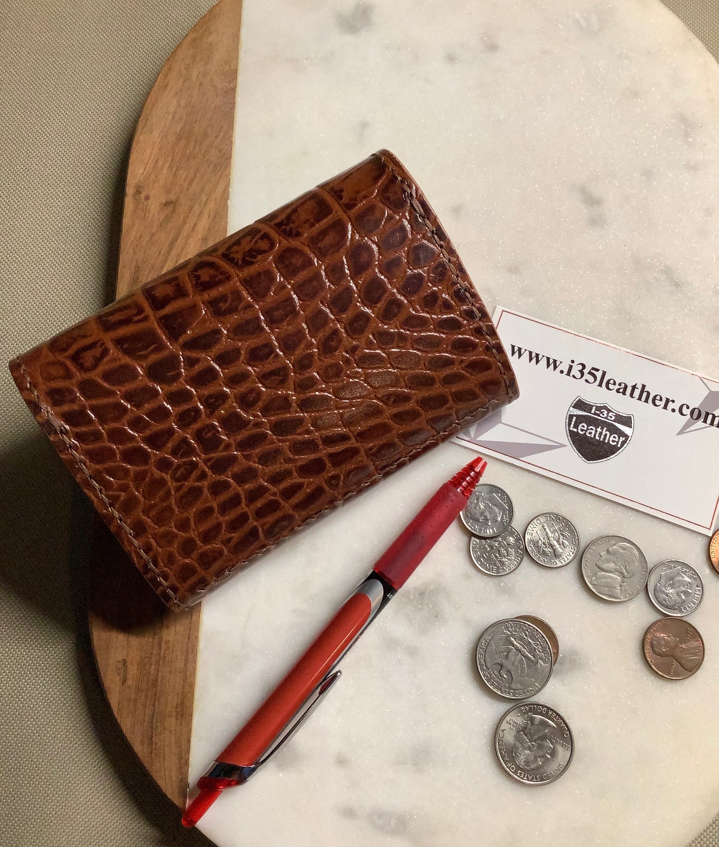 I-35 Leather - Medium Snap Wallet - Brown Crocodile Embossed Leather