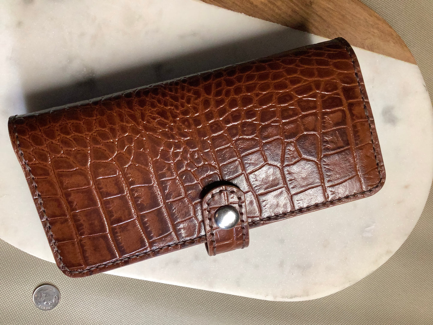 I-35 Leather - Long Wallet with Snap - Brown Crocodile Embossed Leather