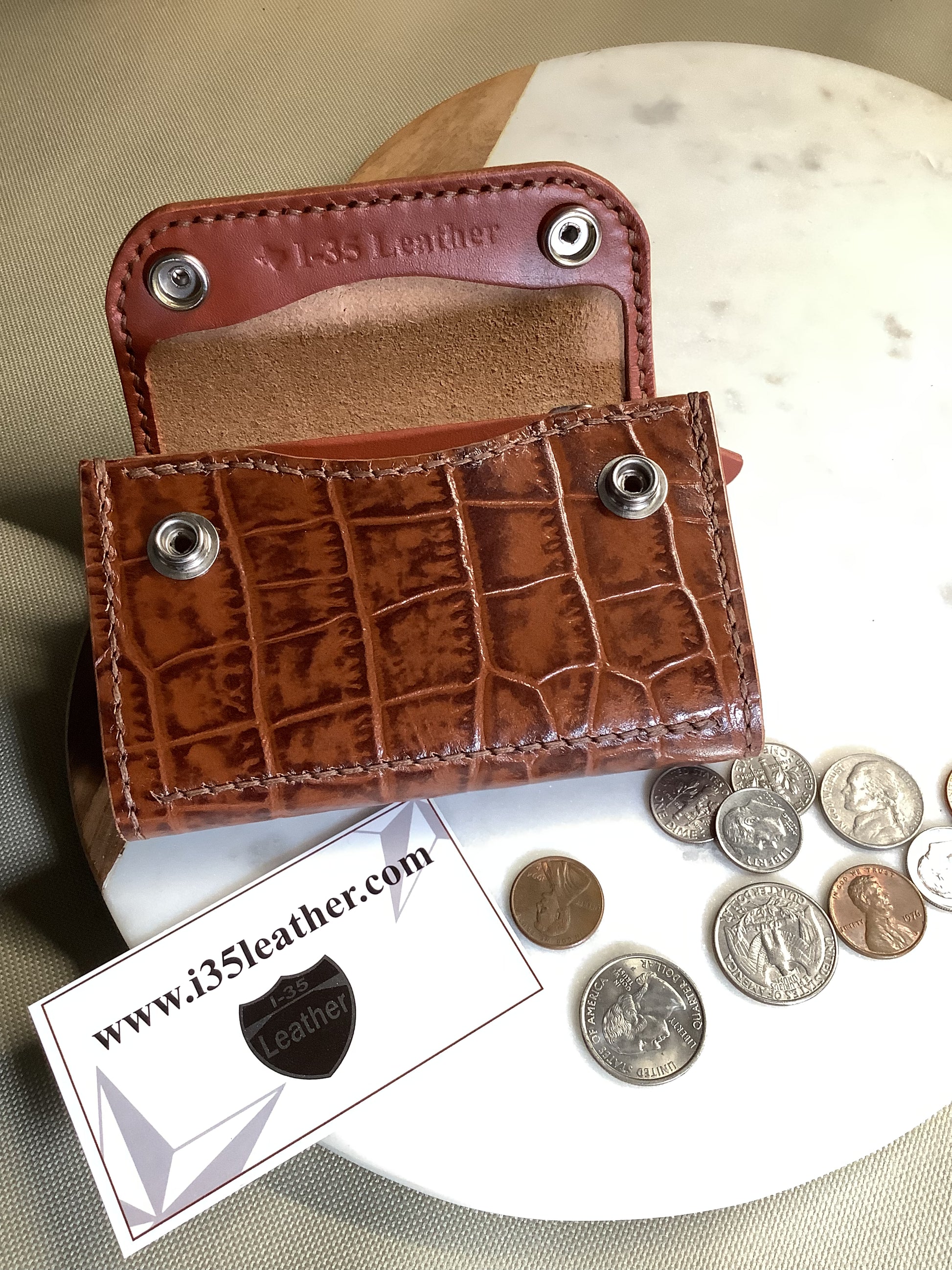 I-35 Leather - Medium Snap Wallet - Brown Crocodile Embossed Leather