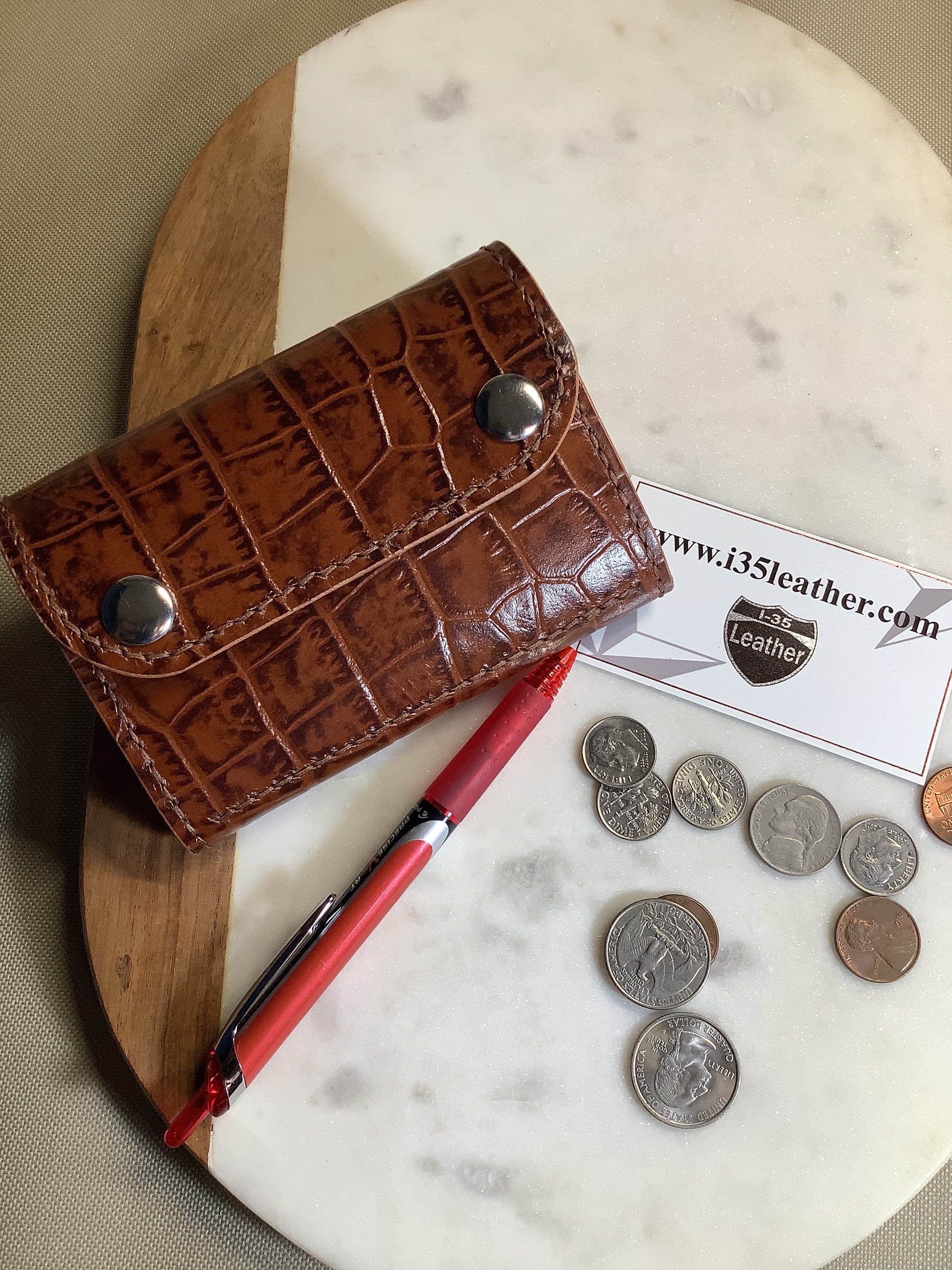 I-35 Leather - Medium Snap Wallet - Brown Crocodile Embossed Leather