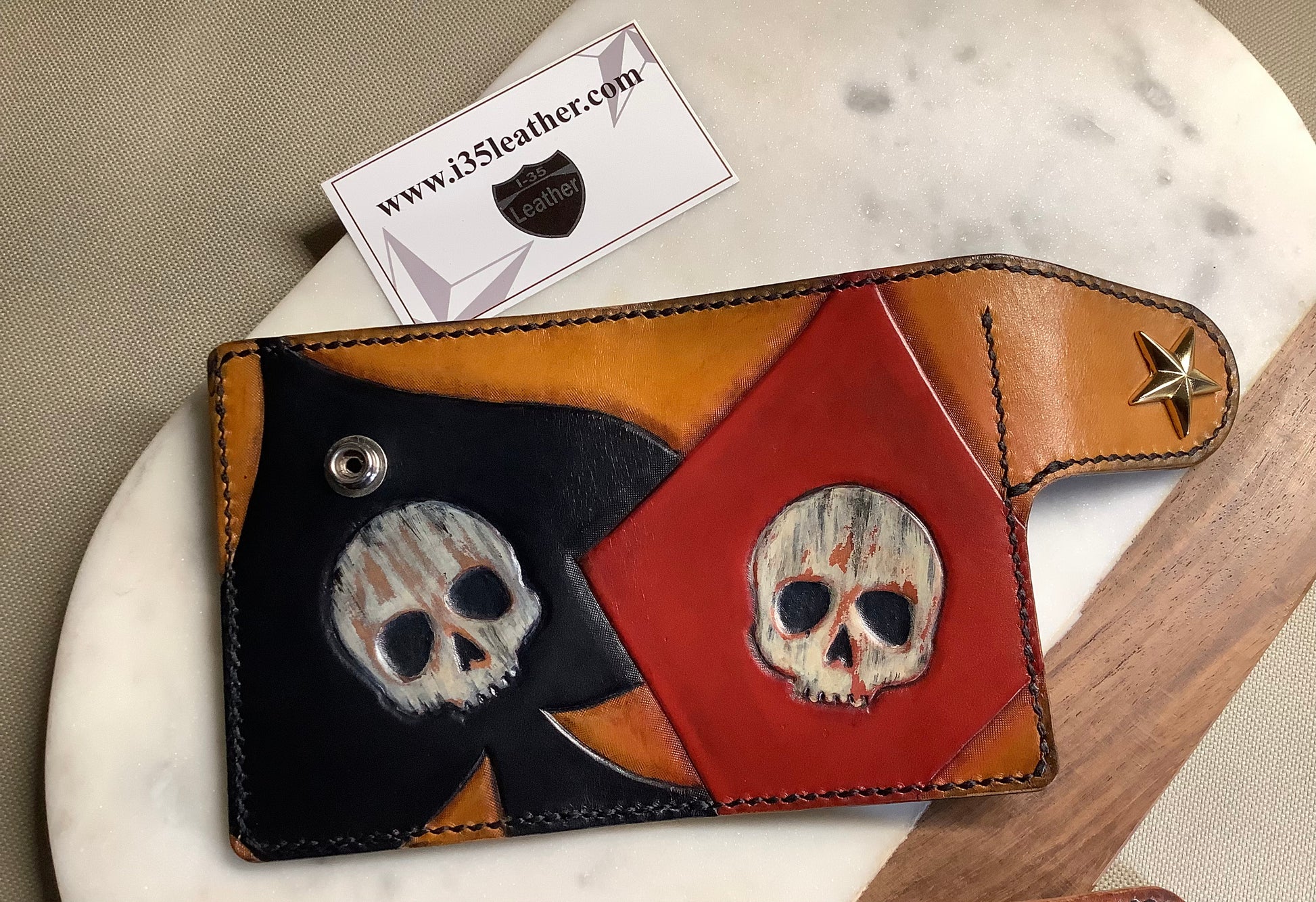 I-35 Leather - Vertical Wallet - Poker Skulls