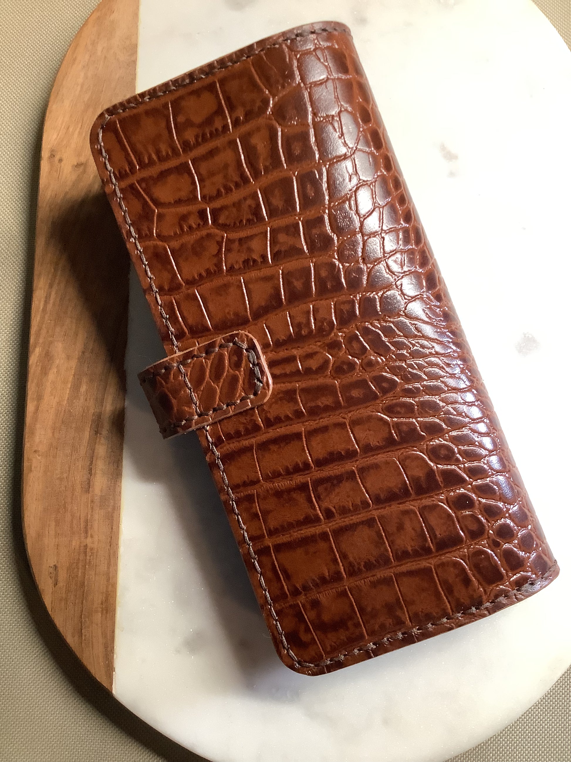 I-35 Leather - Long Wallet with Snap - Brown Crocodile Embossed Leather