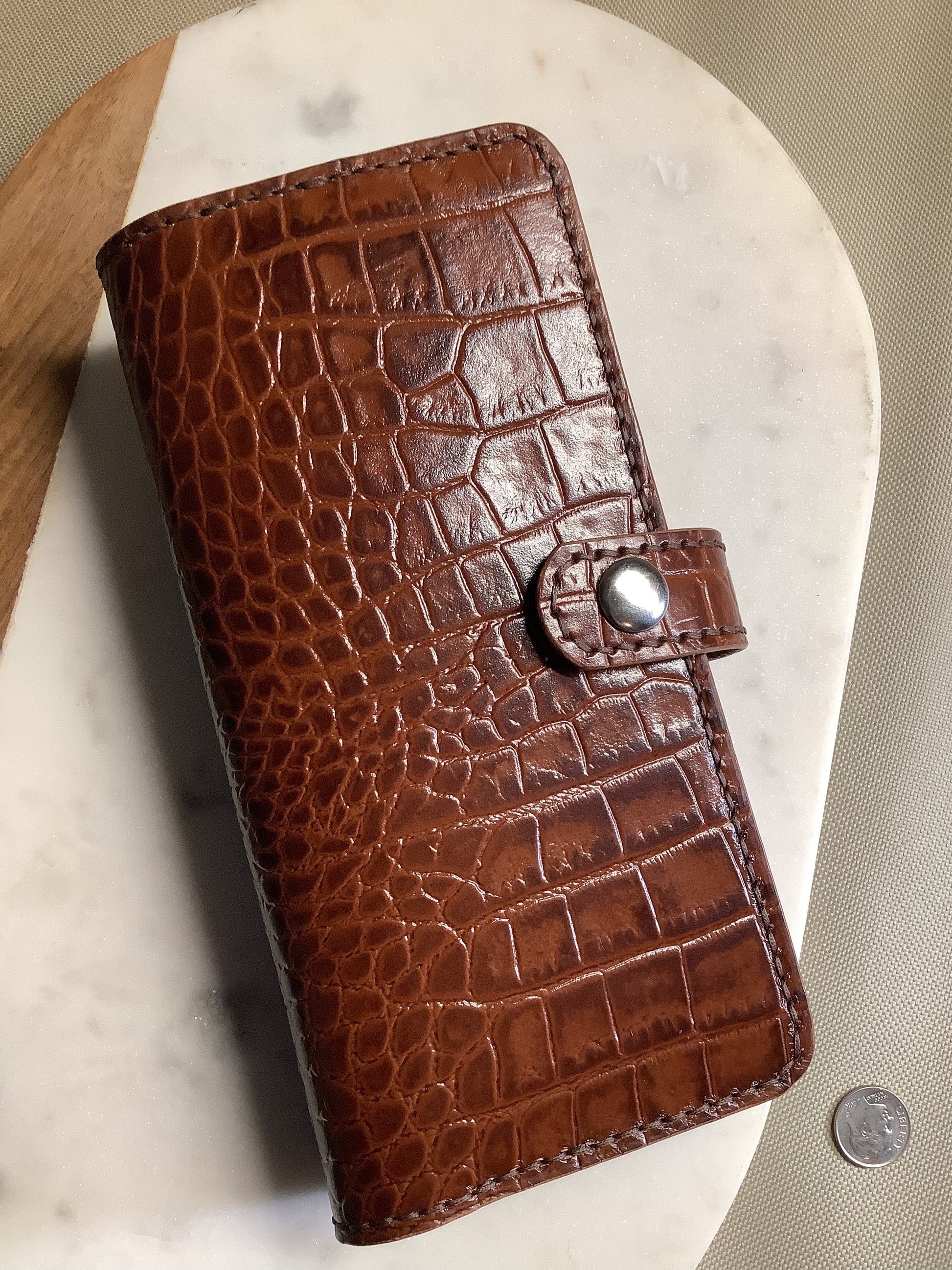 I-35 Leather - Long Wallet with Snap - Brown Crocodile Embossed Leather