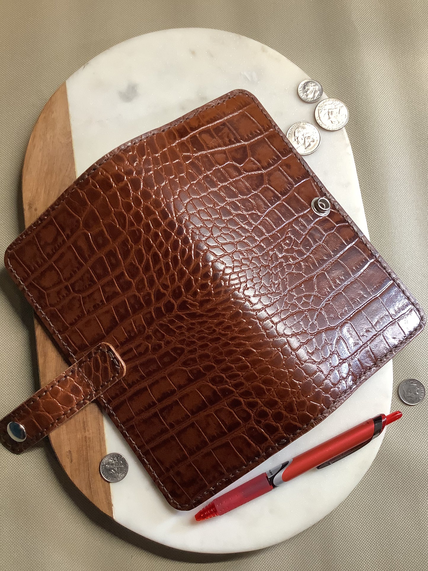 I-35 Leather - Long Wallet with Snap - Brown Crocodile Embossed Leather